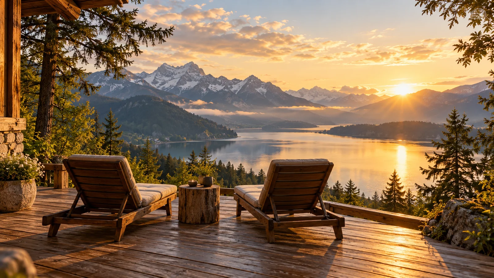 PLATZHALTER – Ruhige Terrasse mit Blick auf einen Bergsee (KI-generiert)