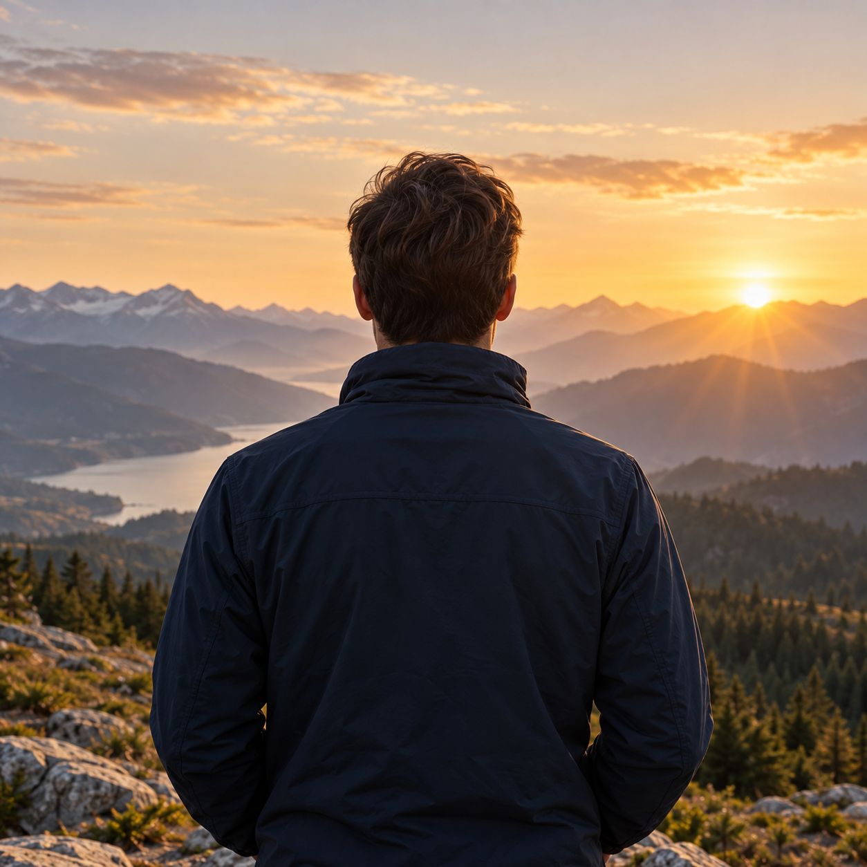 Ein Mensch blickt über die Berge im warmen Sonnenlicht
